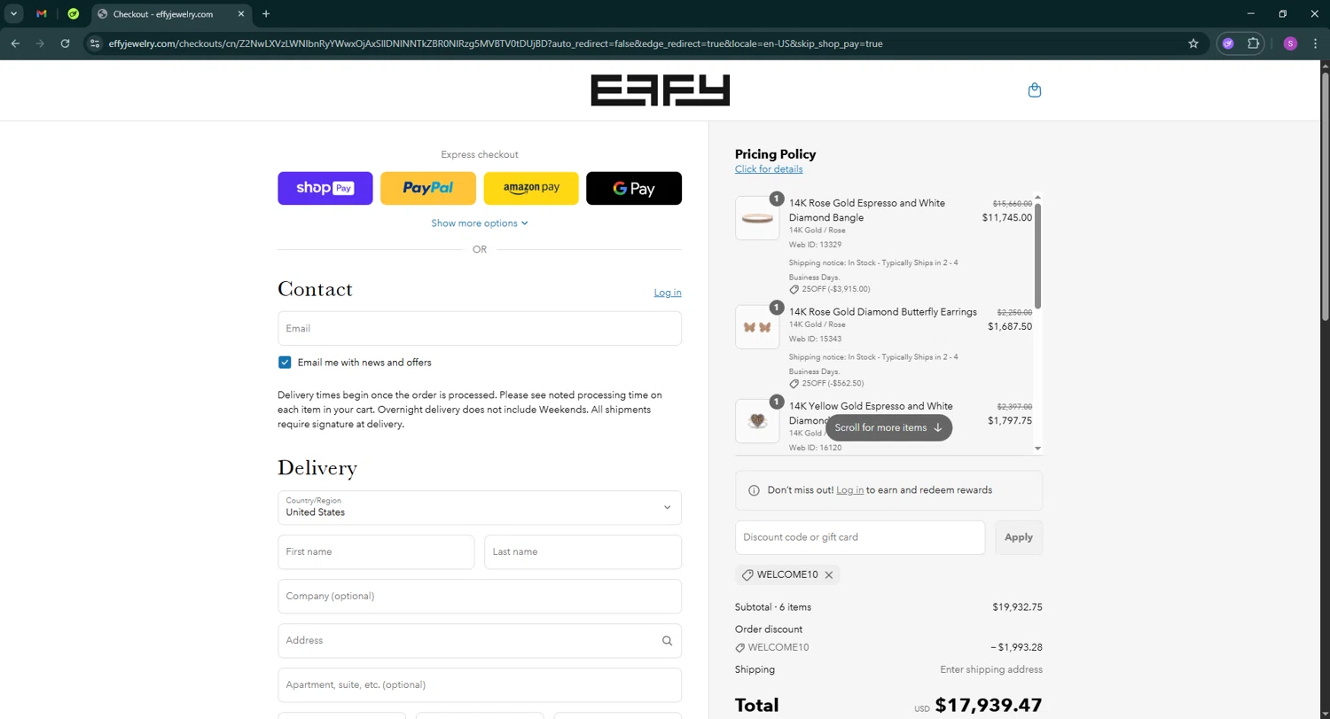 Effy Jewelry promo code screenshot showing code welcome10 applied at Effy Jewelry checkout page. Uploaded by SimplyCodes community member tinkle_tinkle on Jun 22, 2025