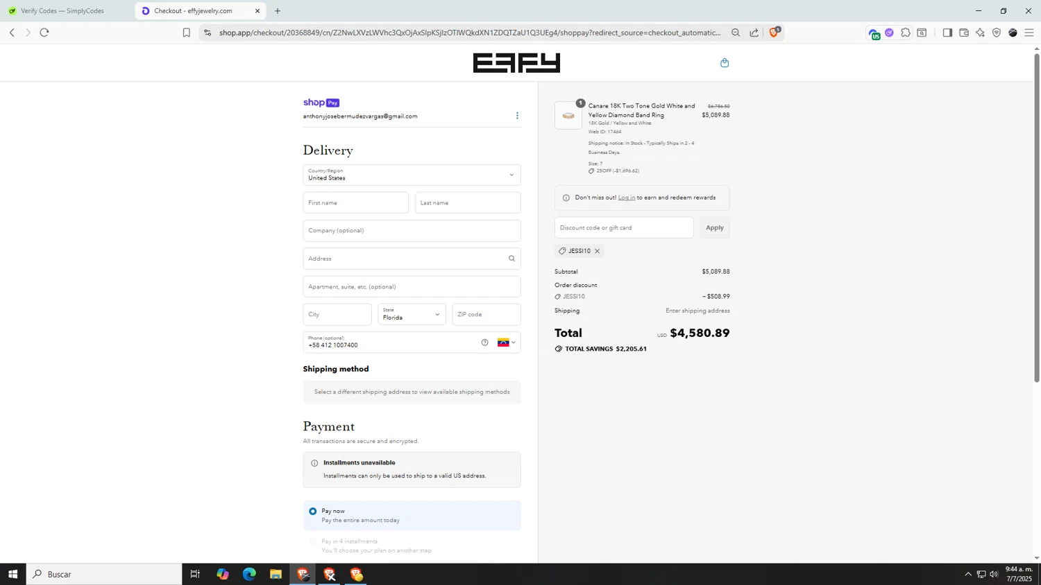 Effy Jewelry promo code screenshot showing code JESSI10 applied at Effy Jewelry checkout page. Uploaded by SimplyCodes community member AnthonyGTX on Jul 7, 2025
