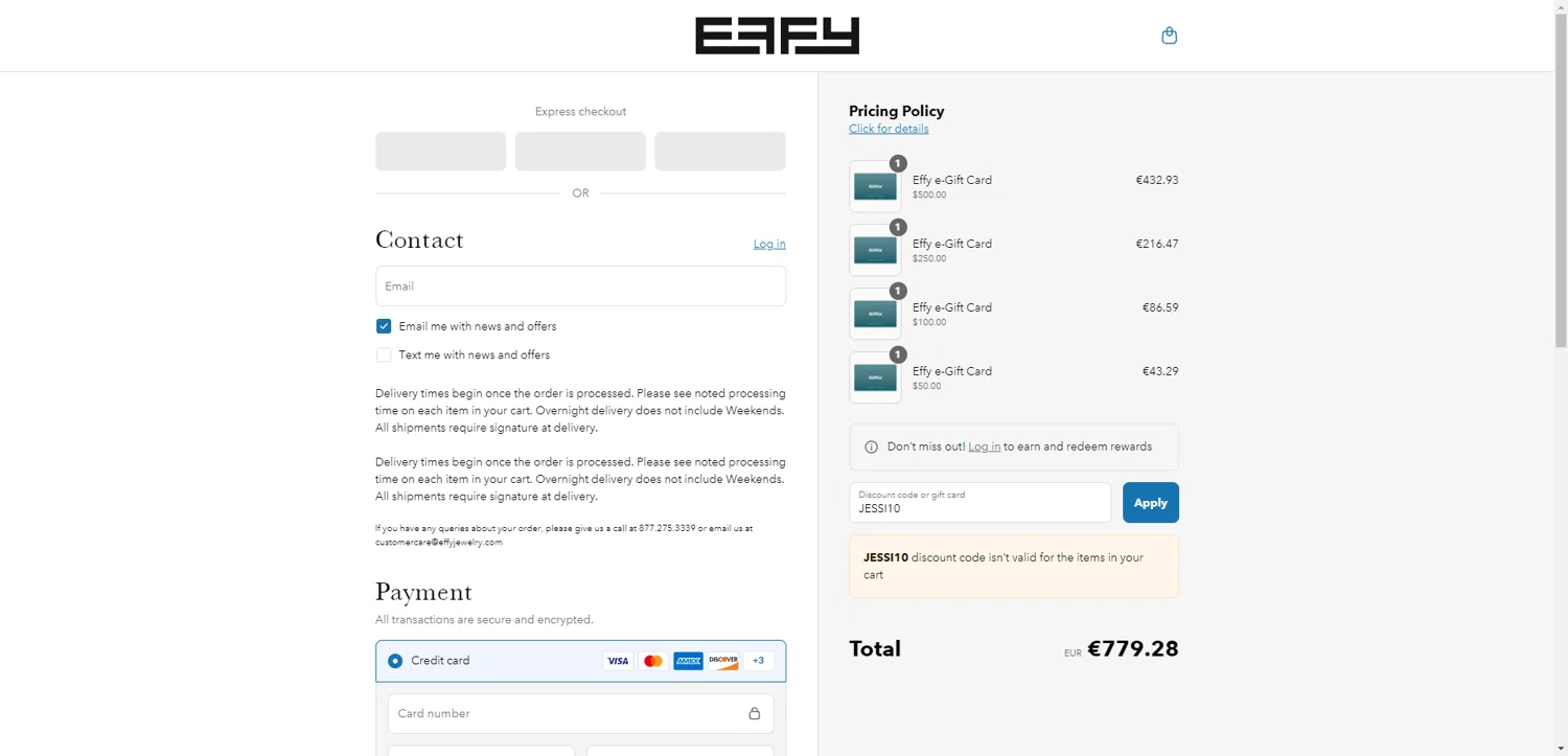 Effy Jewelry promo code screenshot showing code JESSI10 applied at Effy Jewelry checkout page. Uploaded by SimplyCodes community member EpicEagle816 on Jul 7, 2025