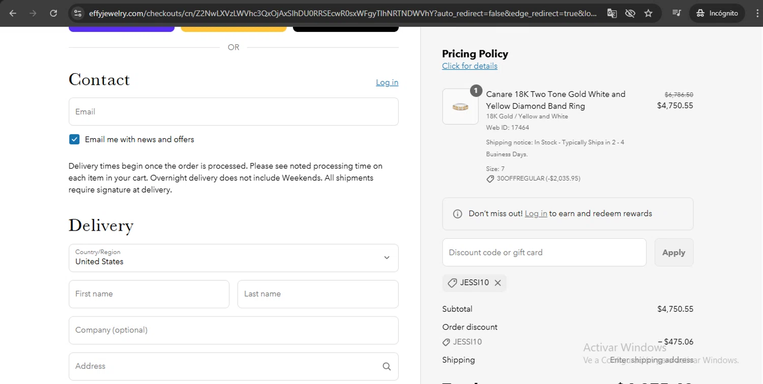 Effy Jewelry promo code screenshot showing code JESSI10 applied at Effy Jewelry checkout page. Uploaded by SimplyCodes community member UchihaMadara on Jun 10, 2025