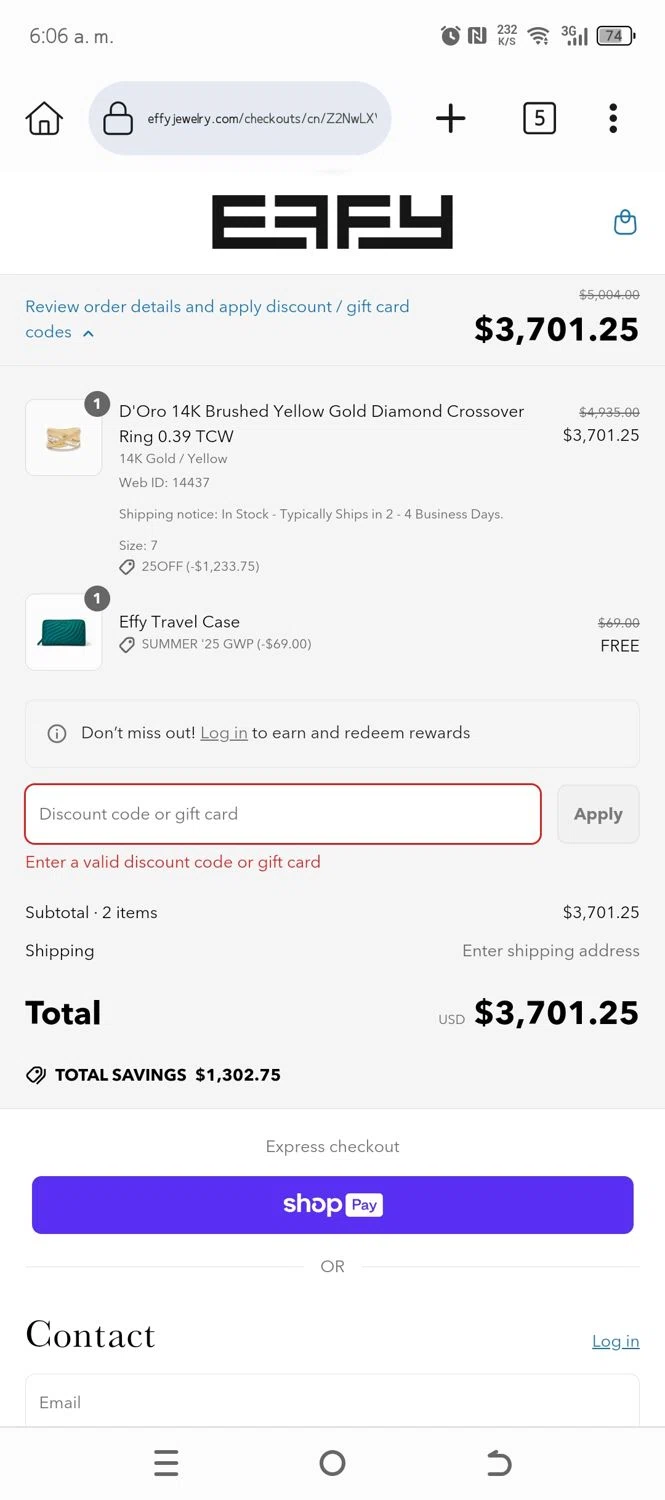Effy Jewelry promo code screenshot showing code DANIEL10 applied at Effy Jewelry checkout page. Uploaded by SimplyCodes community member DiscountCurator3335 on Jun 19, 2025