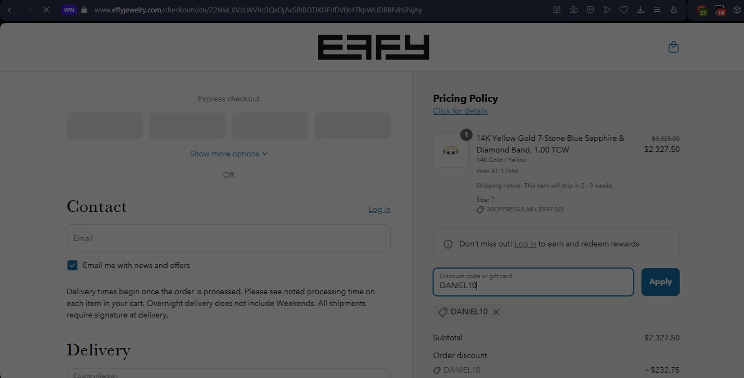 Effy Jewelry promo code screenshot showing code DANIEL10 applied at Effy Jewelry checkout page. Uploaded by SimplyCodes community member LukaModric on Jun 9, 2025