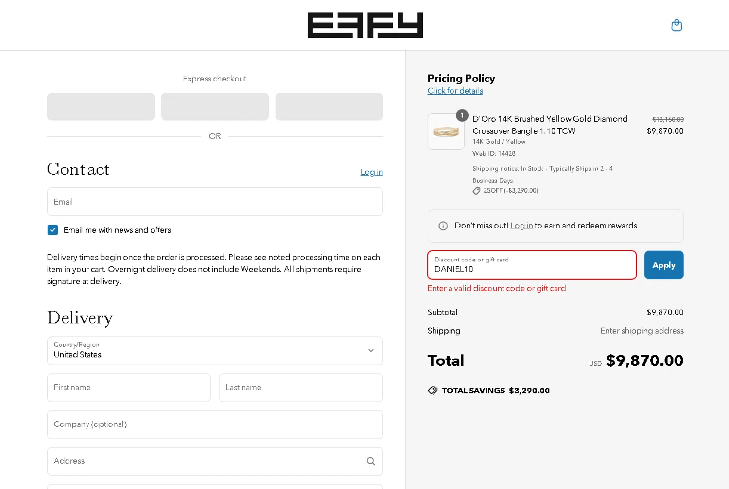 Effy Jewelry promo code screenshot showing code DANIEL10 applied at Effy Jewelry checkout page. Uploaded by SimplyCodes community member Parangutirimicuaro on Jun 19, 2025