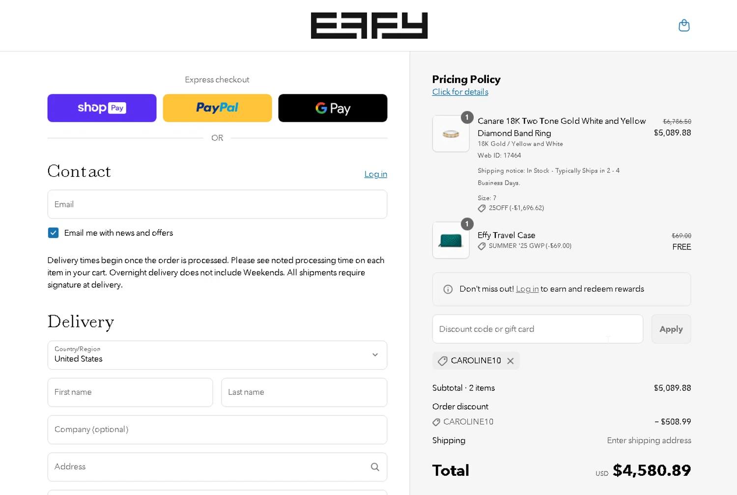 Effy Jewelry promo code screenshot showing code CAROLINE10 applied at Effy Jewelry checkout page. Uploaded by SimplyCodes community member BonusShopper4099 on Jun 19, 2025