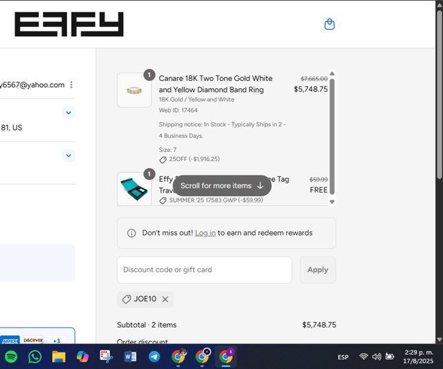 Effy Jewelry checkout page showing Effy Jewelry promo code box | Screenshot taken by SimplyCodes community member on Aug 17, 2025