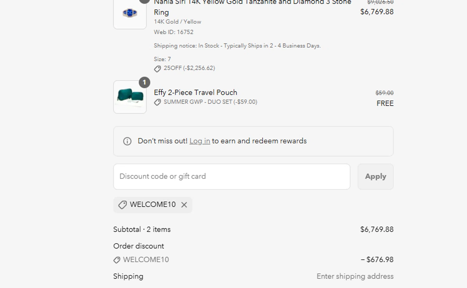 Effy Jewelry promo code screenshot showing code WELCOME10 applied at Effy Jewelry checkout page. Uploaded by SimplyCodes community member ashe1986 on Jul 22, 2025