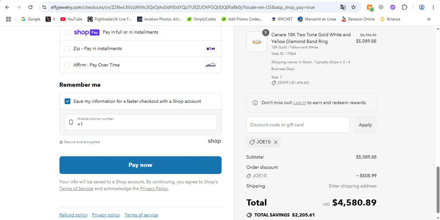 Effy Jewelry promo code screenshot showing code JOE10 applied at Effy Jewelry checkout page. Uploaded by SimplyCodes community member victor on Jul 14, 2025