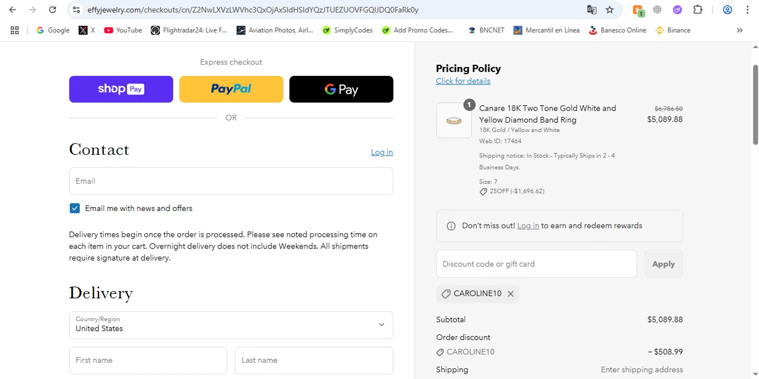 Effy Jewelry promo code screenshot showing code CAROLINE10 applied at Effy Jewelry checkout page. Uploaded by SimplyCodes community member victor on Jun 19, 2025