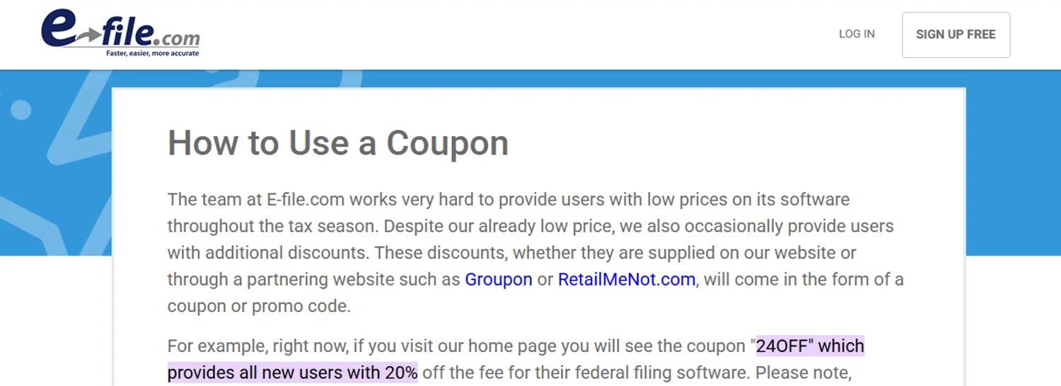 E-File.com promo code screenshot showing code 24OFF applied at E-File.com checkout page. Uploaded by SimplyCodes community member PaulSkenes on May 3, 2026
