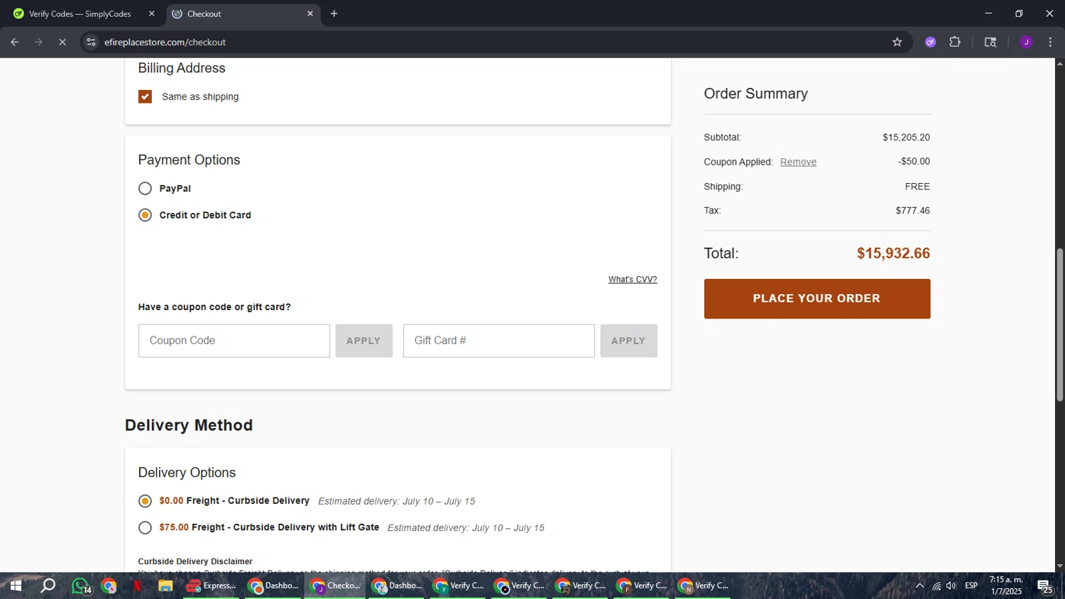 eFireplaceStore.com coupon code screenshot showing code CART50 applied at eFireplaceStore.com checkout page. Uploaded by SimplyCodes community member ComeBurra123 on Jul 1, 2025