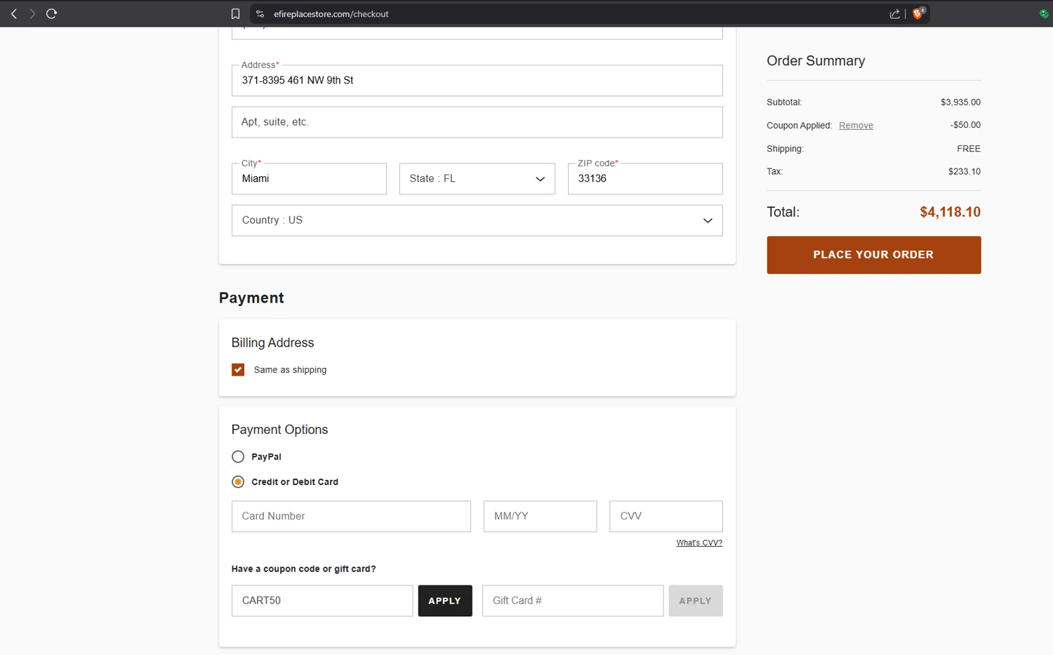 eFireplaceStore.com coupon code screenshot showing code CART50 applied at eFireplaceStore.com checkout page. Uploaded by SimplyCodes community member vctr7w7x on Jul 23, 2025