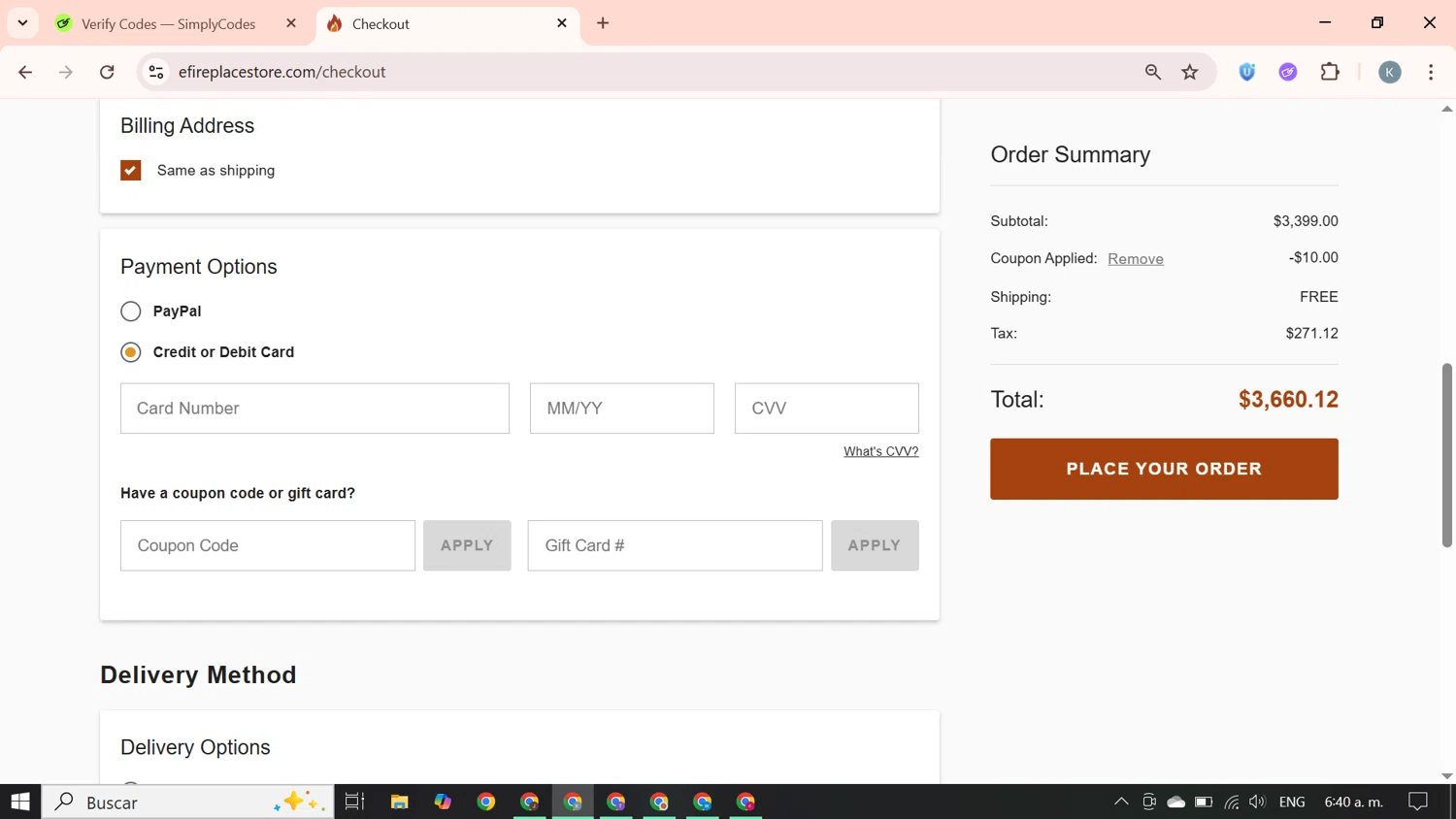 eFireplaceStore.com coupon code screenshot showing code CART10 applied at eFireplaceStore.com checkout page. Uploaded by SimplyCodes community member SavingsBoss9912 on Sep 20, 2025