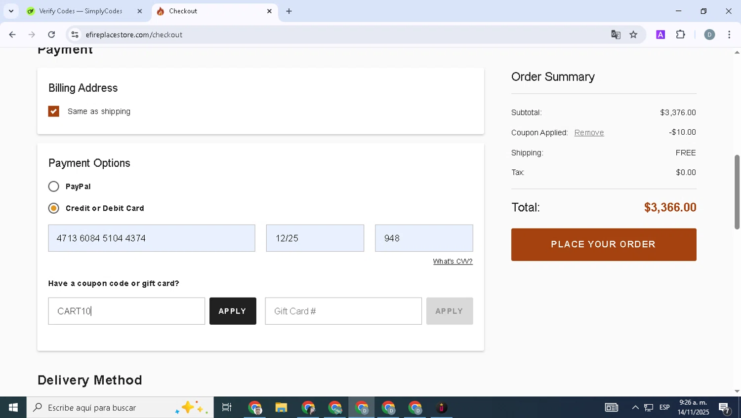 eFireplaceStore.com coupon code screenshot showing code CART10 applied at eFireplaceStore.com checkout page. Uploaded by SimplyCodes community member SavvyWizard1706 on Nov 14, 2025