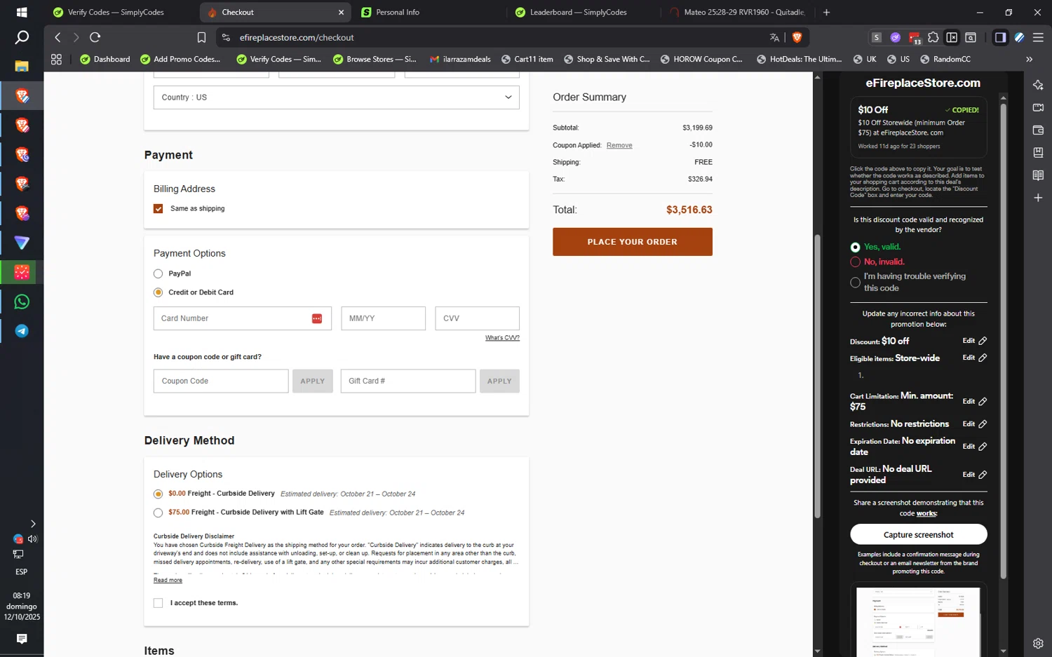 eFireplaceStore.com coupon code screenshot showing code CART10 applied at eFireplaceStore.com checkout page. Uploaded by SimplyCodes community member SwiftLogic2048 on Oct 12, 2025