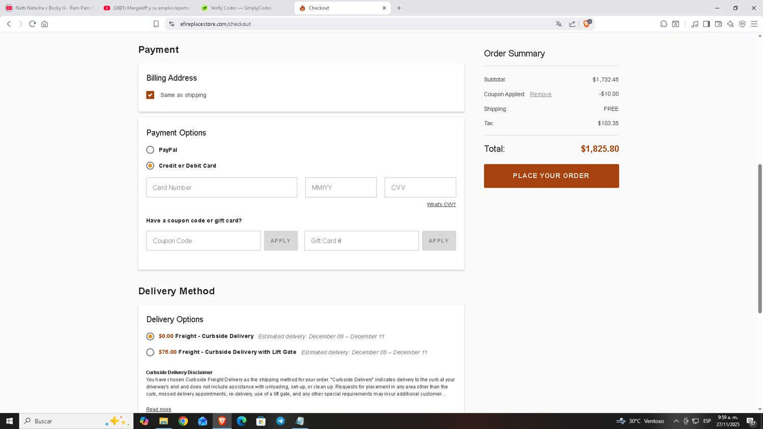 eFireplaceStore.com coupon code screenshot showing code NOW10 applied at eFireplaceStore.com checkout page. Uploaded by SimplyCodes community member Carloscoder_900457733 on Nov 27, 2025