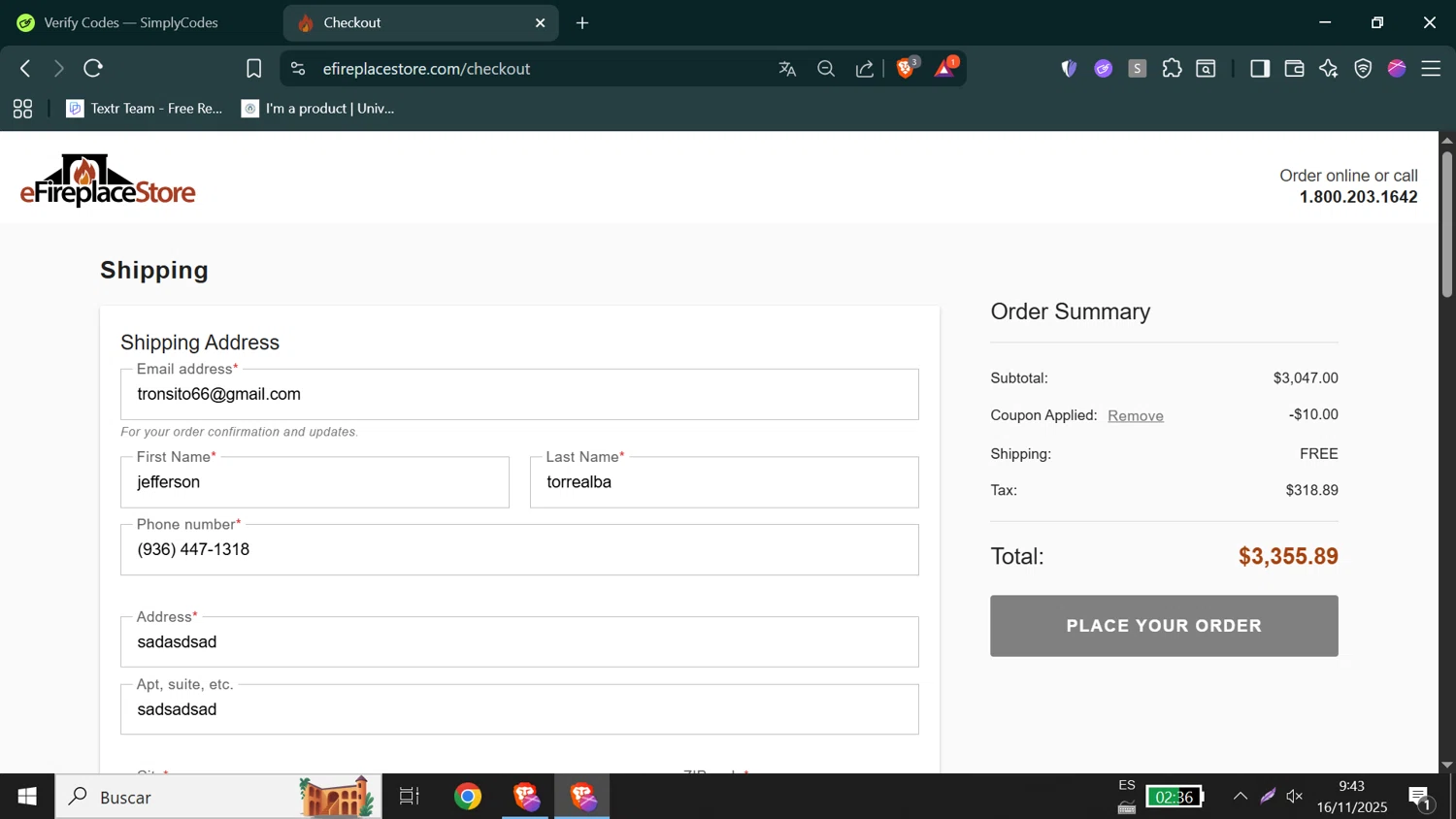 eFireplaceStore.com coupon code screenshot showing code NOW10 applied at eFireplaceStore.com checkout page. Uploaded by SimplyCodes community member Jeffersontorrealba on Nov 16, 2025