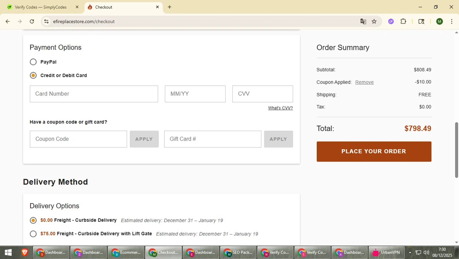 eFireplaceStore.com coupon code screenshot showing code NOW10 applied at eFireplaceStore.com checkout page. Uploaded by SimplyCodes community member loversuper on Dec 8, 2025