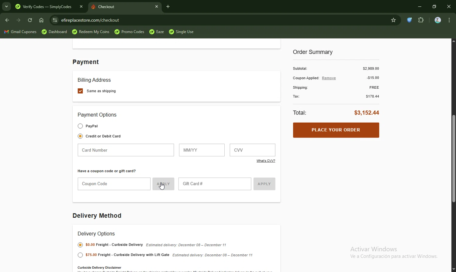 eFireplaceStore.com coupon code screenshot showing code NOW15 applied at eFireplaceStore.com checkout page. Uploaded by SimplyCodes community member LHaunter2 on Nov 27, 2025