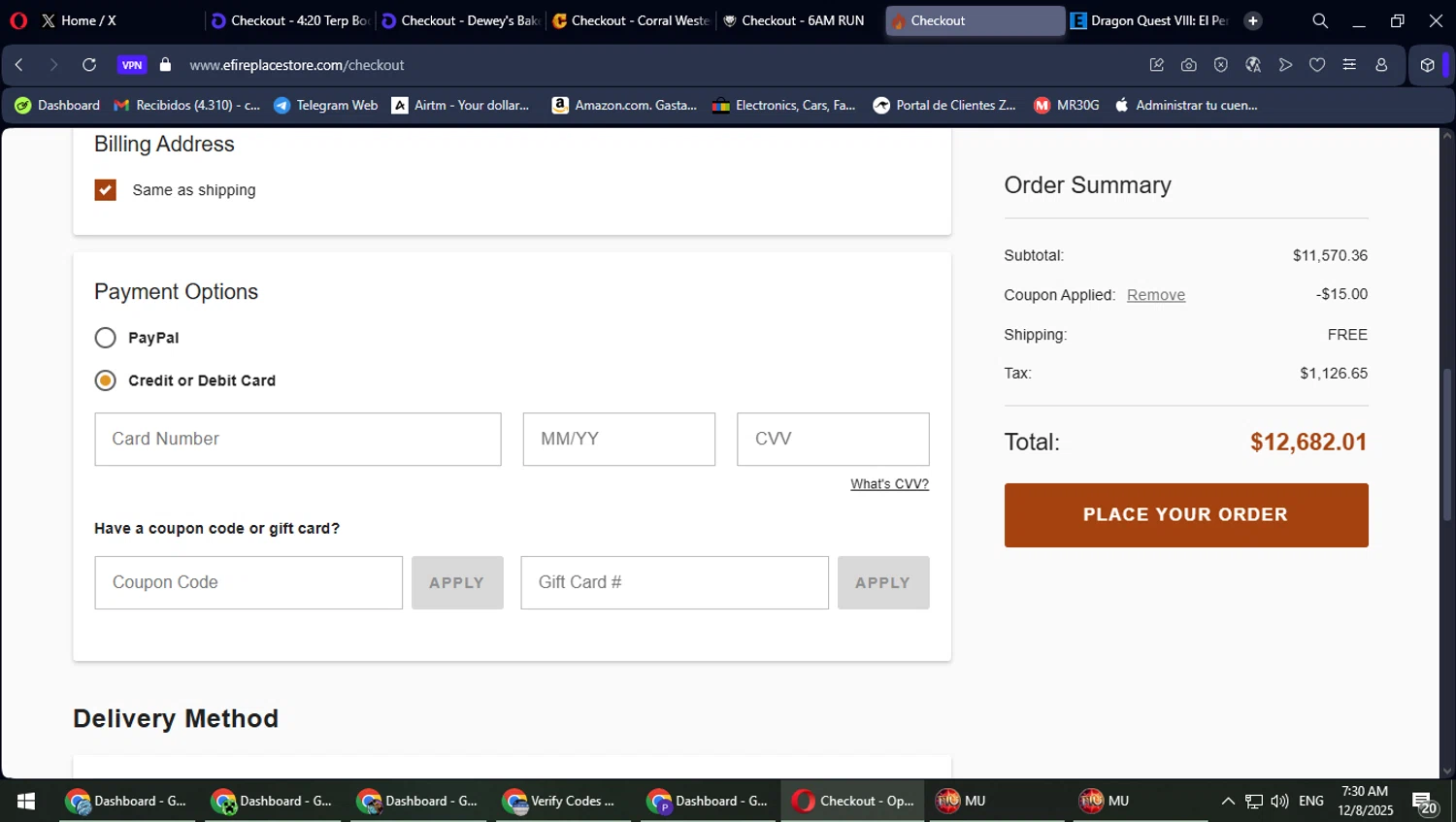 eFireplaceStore.com coupon code screenshot showing code NOW15 applied at eFireplaceStore.com checkout page. Uploaded by SimplyCodes community member TrevorPhilips on Dec 8, 2025