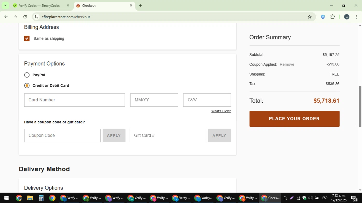 eFireplaceStore.com coupon code screenshot showing code NOW15 applied at eFireplaceStore.com checkout page. Uploaded by SimplyCodes community member gabinharris55 on Dec 19, 2025
