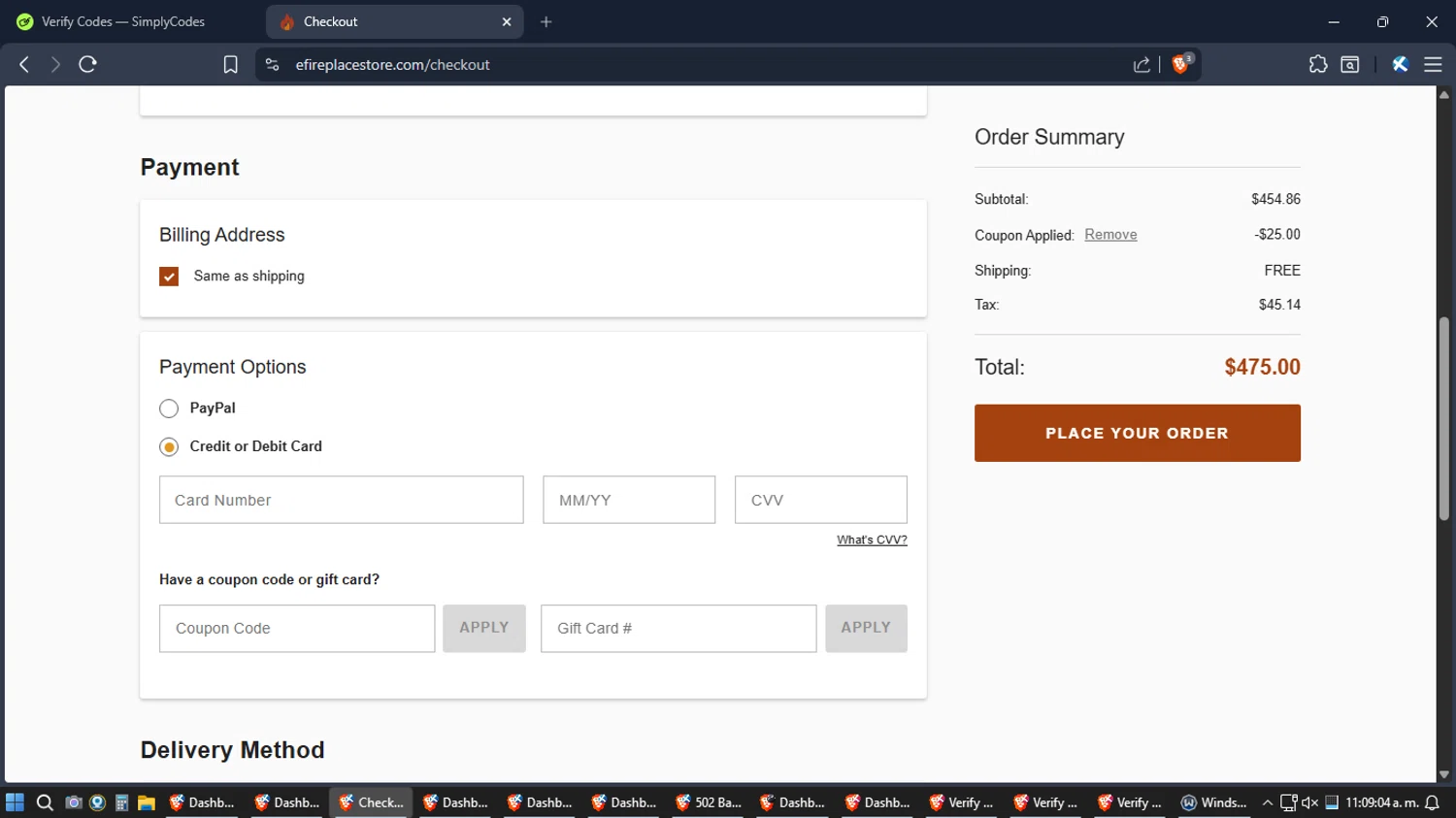 eFireplaceStore.com coupon code screenshot showing code NOW25 applied at eFireplaceStore.com checkout page. Uploaded by SimplyCodes community member Jgomez on Jan 24, 2026