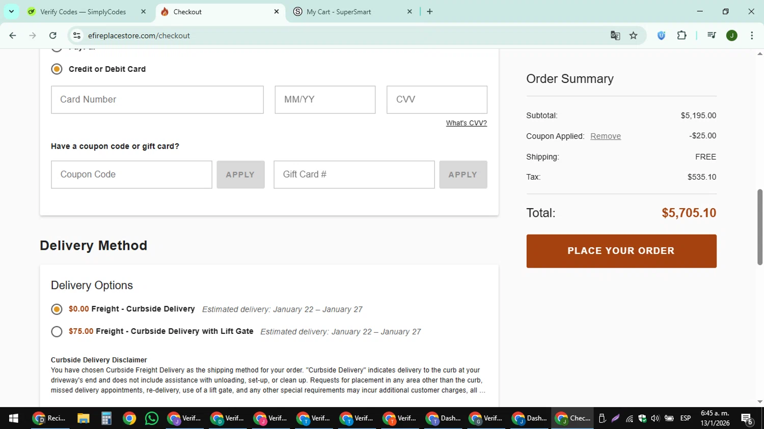 eFireplaceStore.com coupon code screenshot showing code NOW25 applied at eFireplaceStore.com checkout page. Uploaded by SimplyCodes community member ShieldFinder369 on Jan 13, 2026