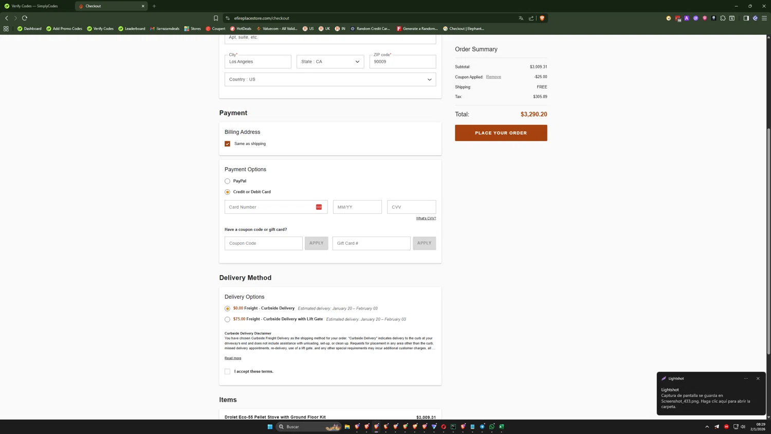 eFireplaceStore.com coupon code screenshot showing code NOW25 applied at eFireplaceStore.com checkout page. Uploaded by SimplyCodes community member QuantumRider5931 on Jan 2, 2026