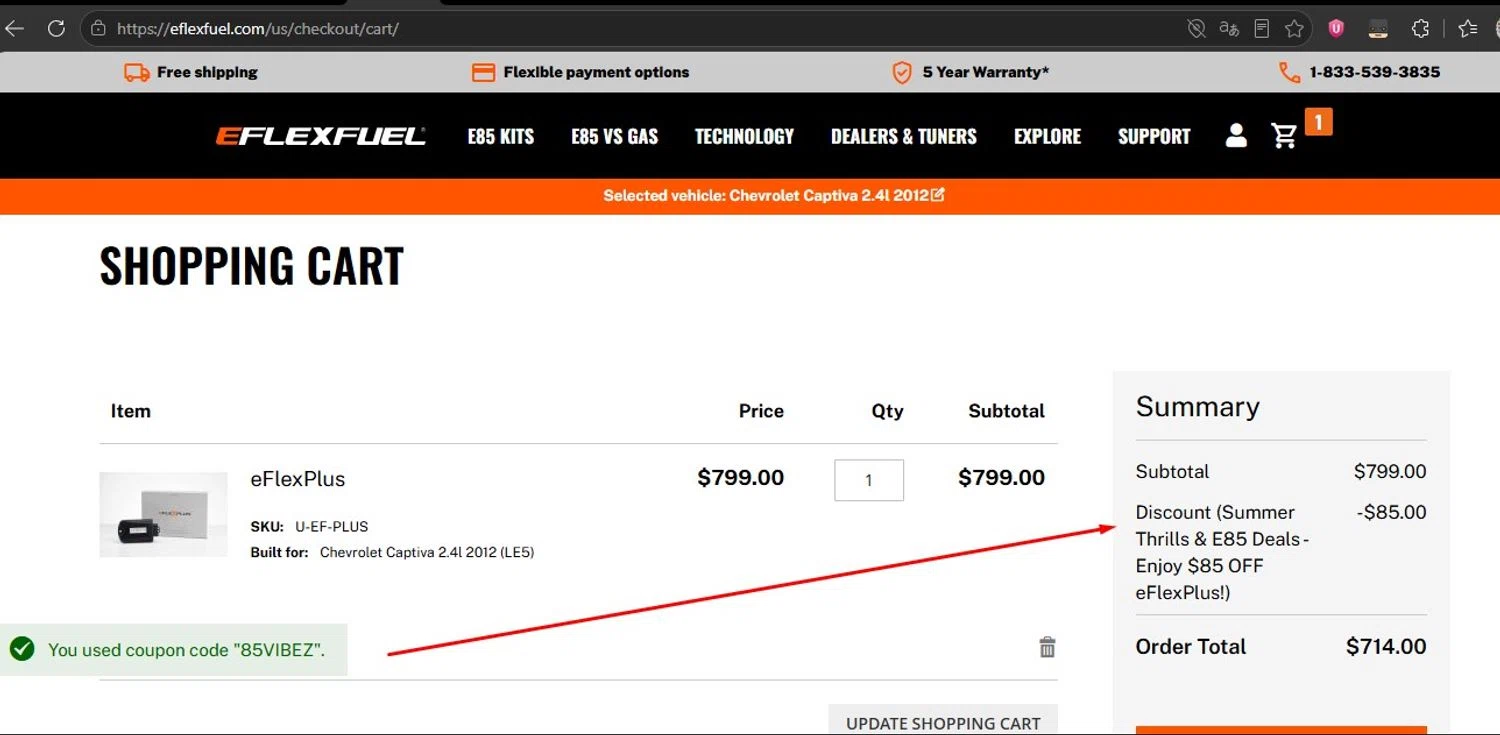 eFlexFuel promo code screenshot showing code 85VIBEZ applied at eFlexFuel checkout page. Uploaded by SimplyCodes community member HonestVzla on Jun 6, 2026