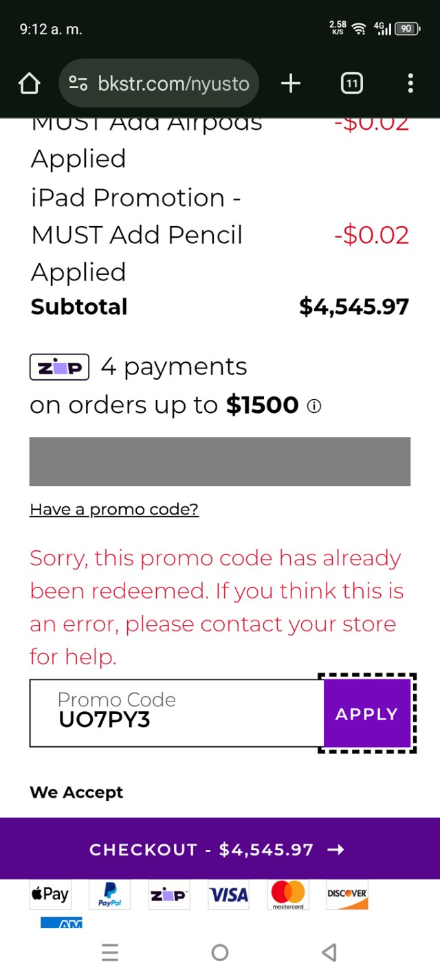 eFollett checkout page showing eFollett promo code box | Screenshot taken by SimplyCodes community member on Sep 1, 2025