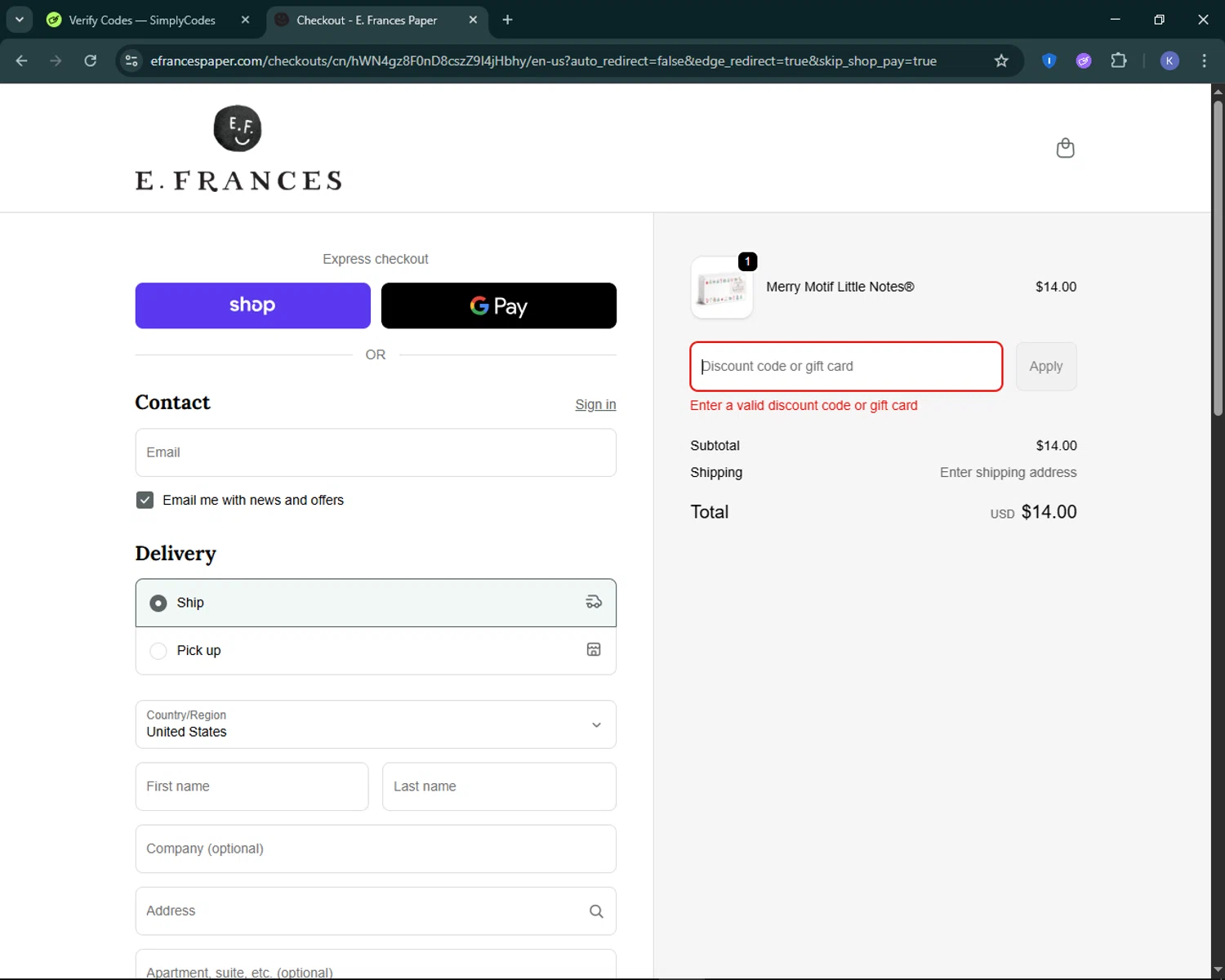 E. Frances Paper discount code screenshot showing code AQUIDNECK applied at E. Frances Paper checkout page. Uploaded by SimplyCodes community member KevLapage on Oct 29, 2025