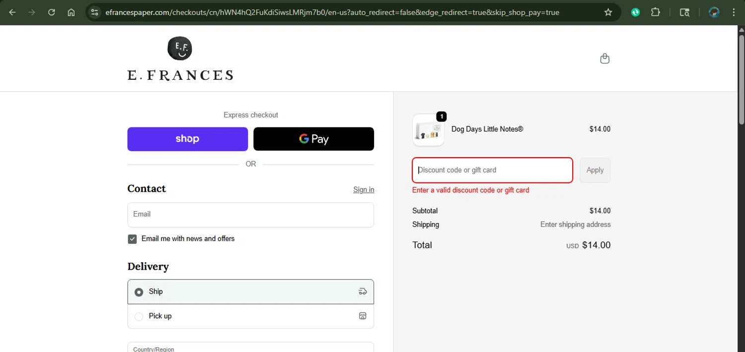 E. Frances Paper discount code screenshot showing code AQUIDNECK applied at E. Frances Paper checkout page. Uploaded by SimplyCodes community member MariaCorinaMachado on Oct 30, 2025