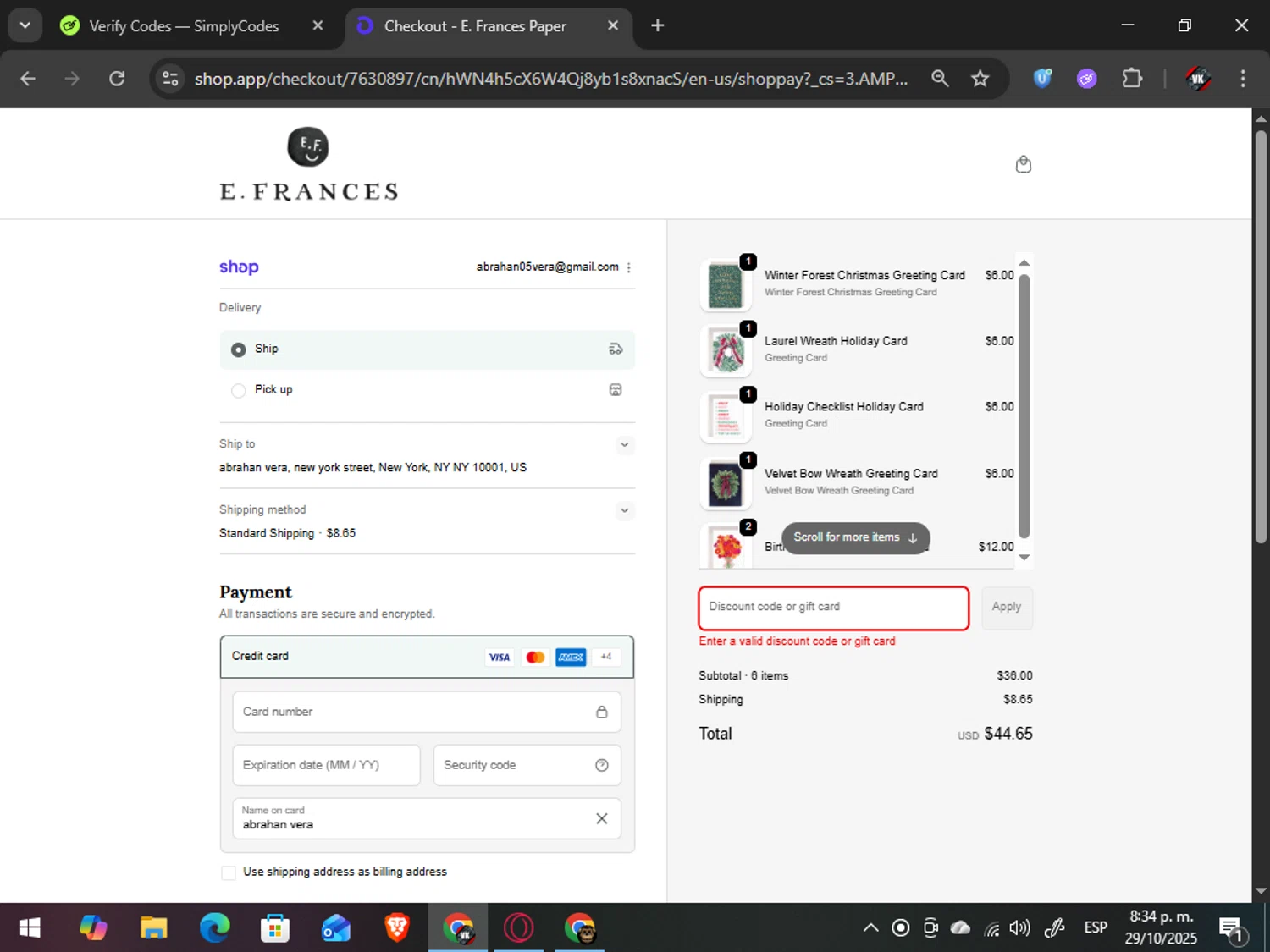 E. Frances Paper discount code screenshot showing code AQUIDNECK applied at E. Frances Paper checkout page. Uploaded by SimplyCodes community member TreasureAdmiral6867 on Oct 30, 2025