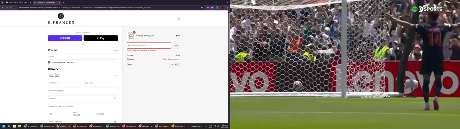 E. Frances Paper discount code screenshot showing code THANKYOU10 applied at E. Frances Paper checkout page. Uploaded by SimplyCodes community member BrilliantSaver7516 on Jun 15, 2025