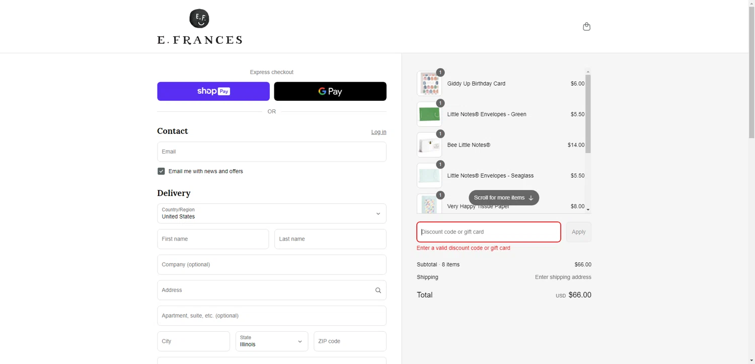 E. Frances Paper discount code screenshot showing code THANKYOU10 applied at E. Frances Paper checkout page. Uploaded by SimplyCodes community member VoucherMonarch9058 on Jun 15, 2025