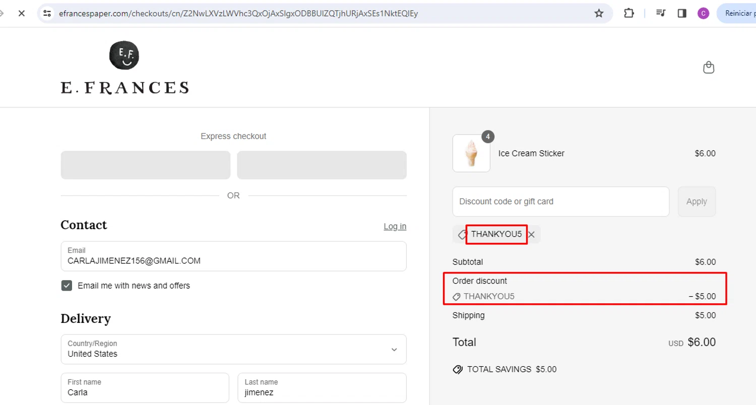 E. Frances Paper discount code screenshot showing code THANKYOU5 applied at E. Frances Paper checkout page. Uploaded by SimplyCodes community member nileskamarcano on Jun 5, 2025