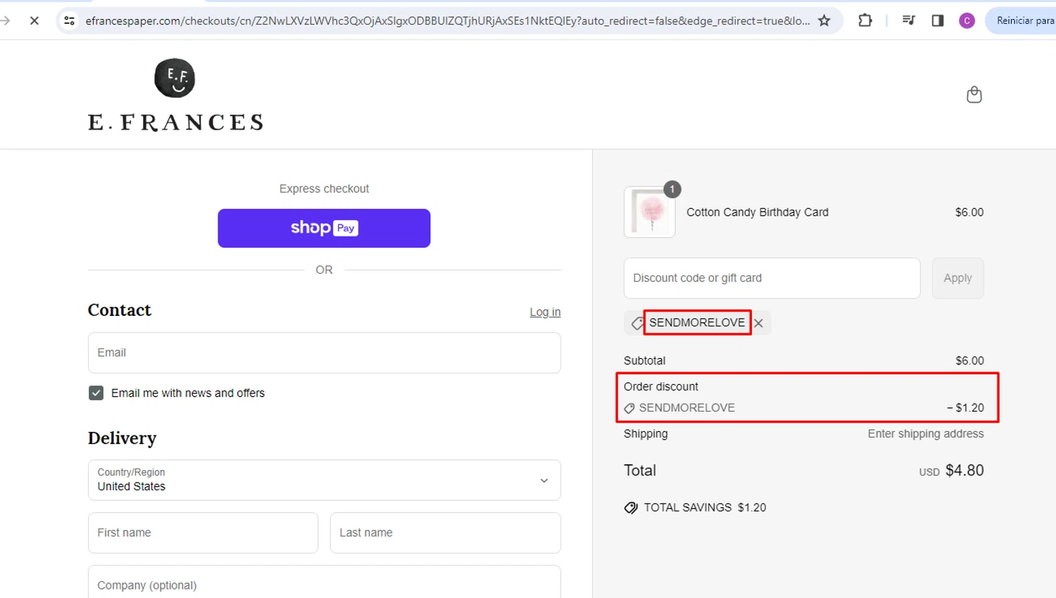 E. Frances Paper discount code screenshot showing code SENDMORELOVE applied at E. Frances Paper checkout page. Uploaded by SimplyCodes community member nileskamarcano on Jun 5, 2025