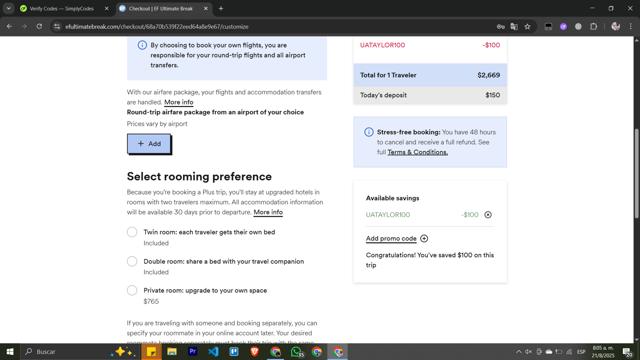 EF Ultimate Break checkout page showing EF Ultimate Break discount code box | Screenshot taken by SimplyCodes community member on Aug 21, 2025