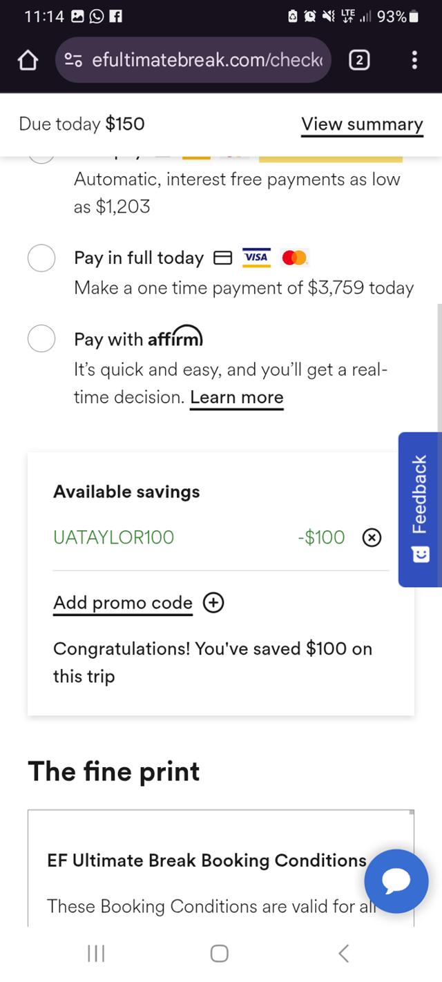 EF Ultimate Break checkout page showing EF Ultimate Break discount code box | Screenshot taken by SimplyCodes community member on Jul 23, 2025