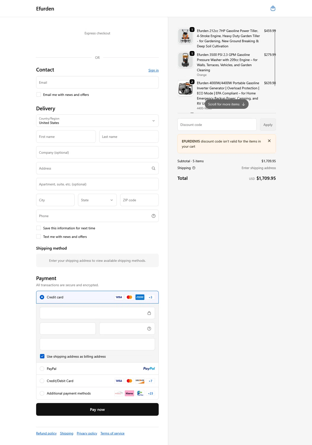 Efurden promo code screenshot showing code Efurden15 applied at Efurden checkout page. Uploaded by SimplyCodes community member WladimirV on Dec 29, 2025