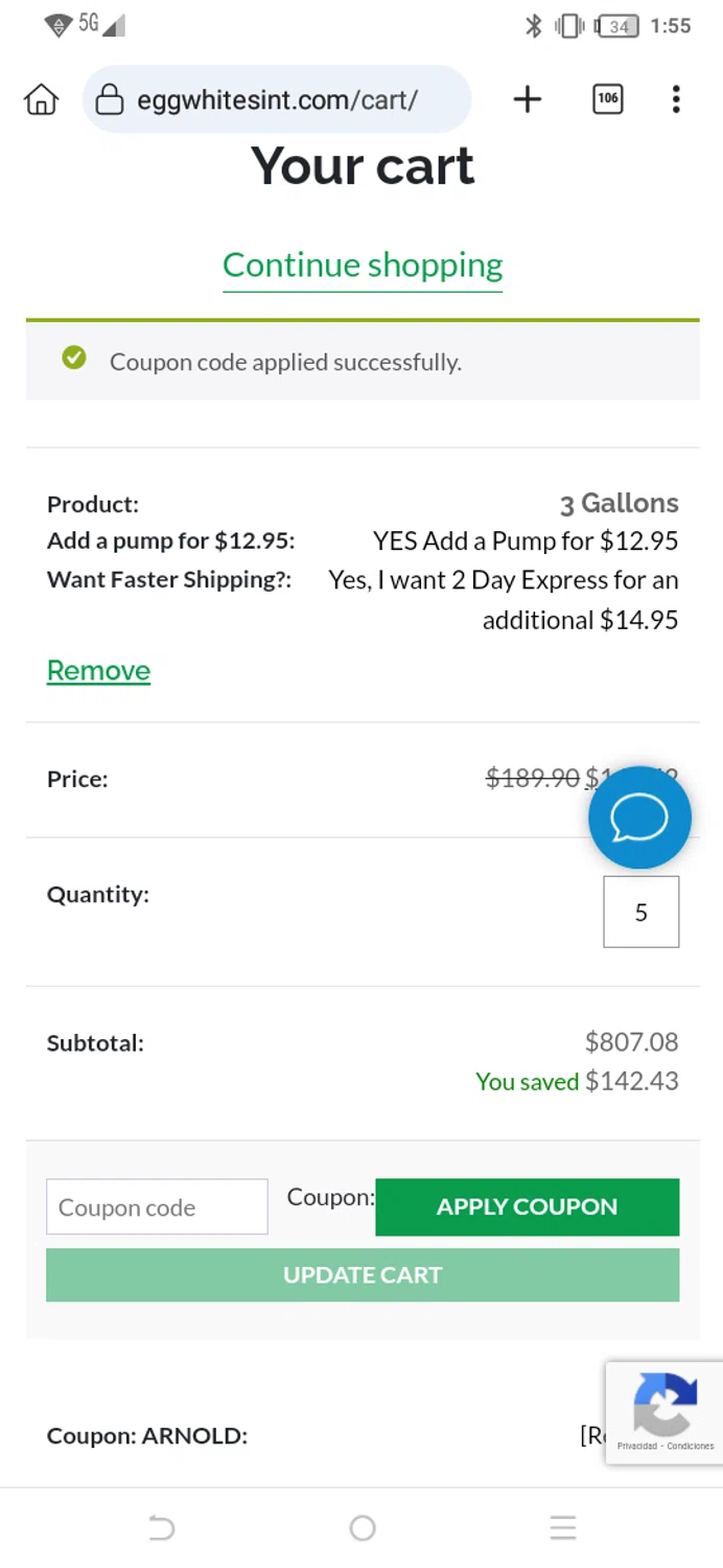 Egg Whites International promo code screenshot showing code ARNOLD applied at Egg Whites International checkout page. Uploaded by SimplyCodes community member EpicPilot2189 on Jun 22, 2025