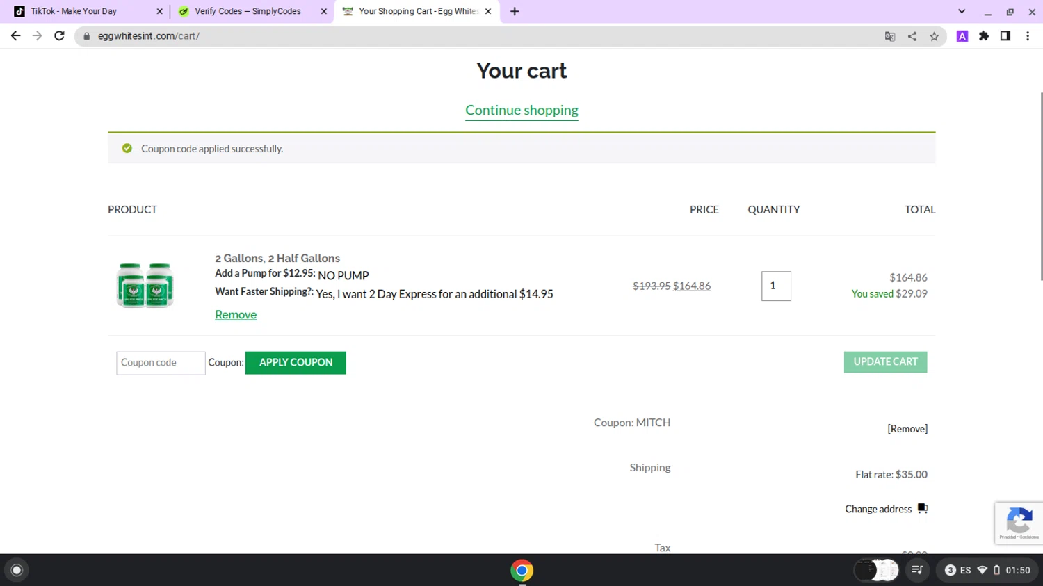 Egg Whites International promo code screenshot showing code MITCH applied at Egg Whites International checkout page. Uploaded by SimplyCodes community member lapampita on Jun 22, 2025