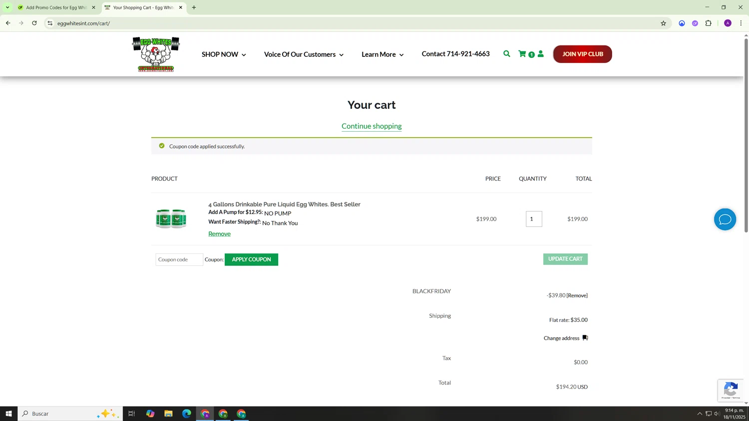 Egg Whites International promo code screenshot showing code BLACKFRIDAY applied at Egg Whites International checkout page. Uploaded by SimplyCodes community member Hasta_El_Final on Nov 19, 2025