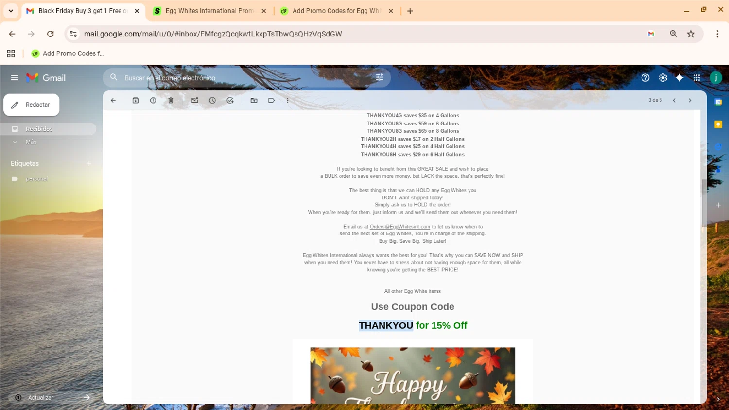 Egg Whites International promo code screenshot showing code THANKYOU applied at Egg Whites International checkout page. Uploaded by SimplyCodes community member yennifergonzalez on Nov 7, 2025