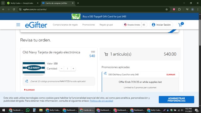 eGifter checkout page showing eGifter promo code box | Screenshot taken by SimplyCodes community member on Jul 2, 2025