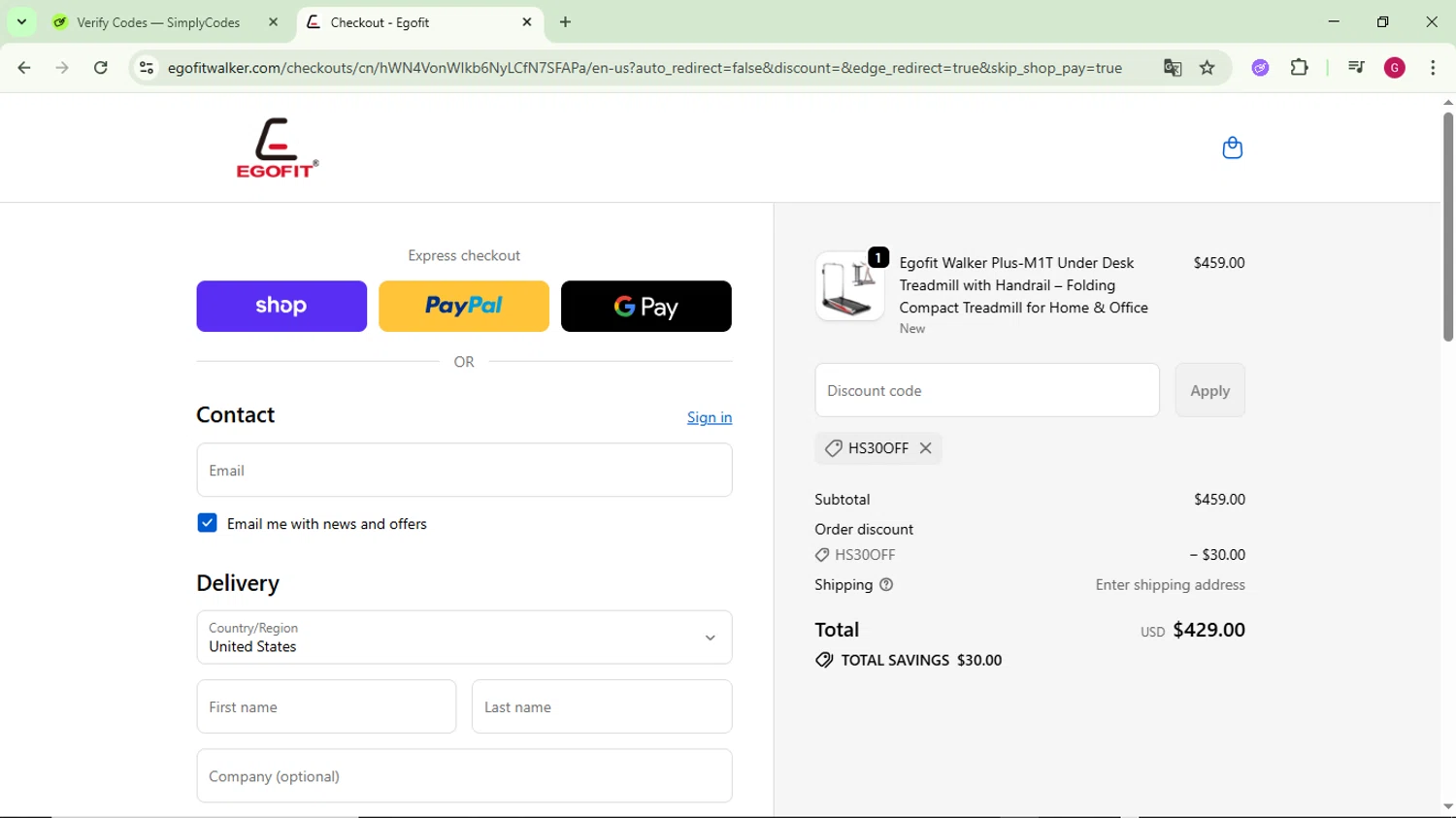 Egofit Walker promo code screenshot showing code HS30OFF applied at Egofit Walker checkout page. Uploaded by SimplyCodes community member CrownFinder3074 on Oct 25, 2025