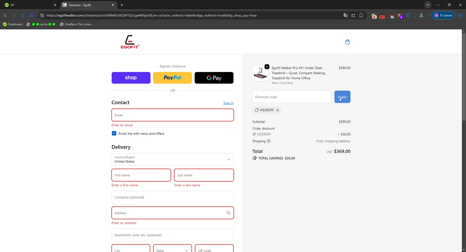 Egofit Walker promo code screenshot showing code HS30OFF applied at Egofit Walker checkout page. Uploaded by SimplyCodes community member SavvySeeker200 on Oct 20, 2025
