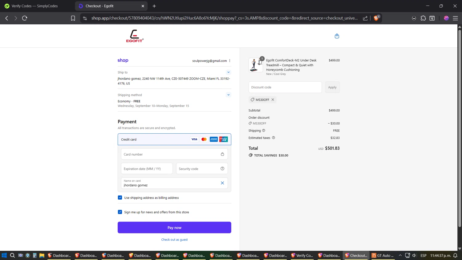 Egofit Walker promo code screenshot showing code MS30OFF applied at Egofit Walker checkout page. Uploaded by SimplyCodes community member JhonatanGomez on Sep 2, 2025
