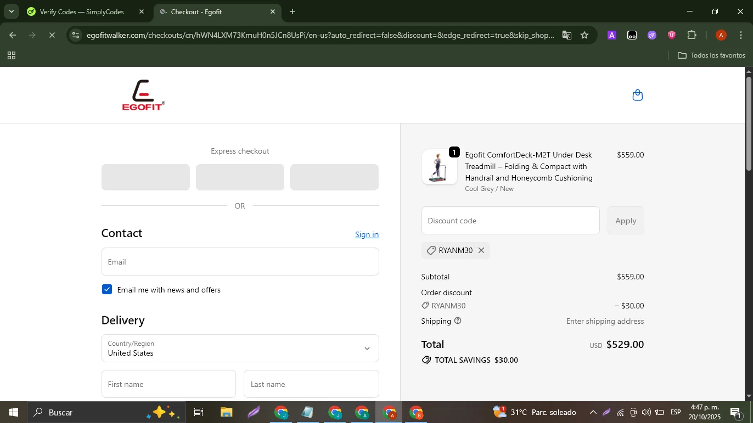 Egofit Walker promo code screenshot showing code RYANM30 applied at Egofit Walker checkout page. Uploaded by SimplyCodes community member BonusShopper323 on Oct 20, 2025