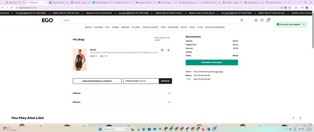Ego Shoes checkout page showing Ego Shoes coupon code box | Screenshot taken by SimplyCodes community member on Mar 7, 2025
