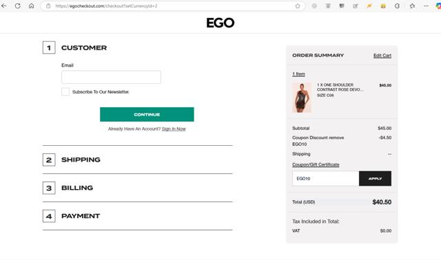Ego Shoes checkout page showing Ego Shoes coupon code box | Screenshot taken by SimplyCodes community member on Apr 5, 2025